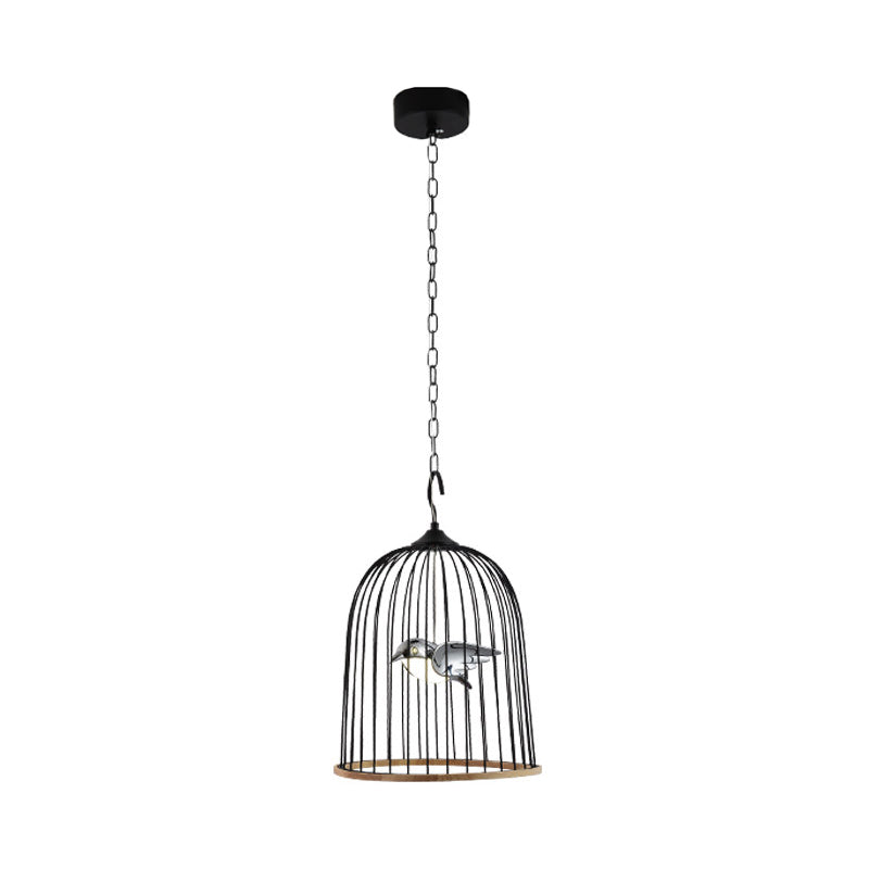 Contemporary Bird Design Pendant Lamp In Black/Pink: Metal Cage Fixture With 1 Bulb