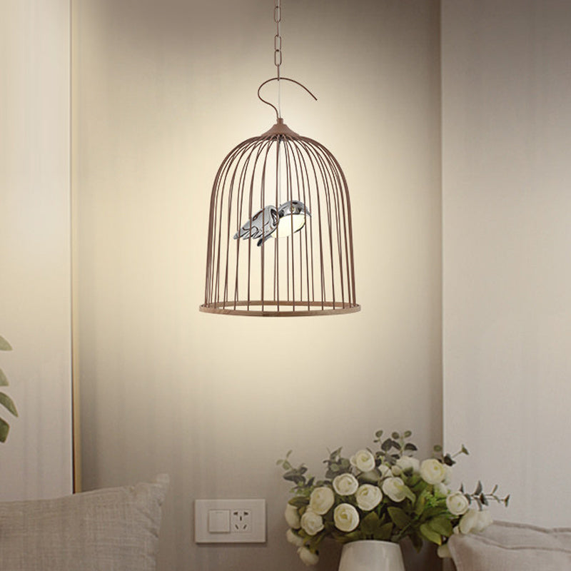 Contemporary Bird Design Pendant Lamp In Black/Pink: Metal Cage Fixture With 1 Bulb Pink