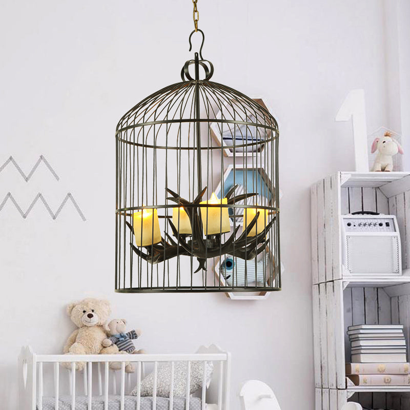 Rustic Black Birdcage Chandelier Lamp - 4 Lights Metal Pendant With Frosted Glass Shade
