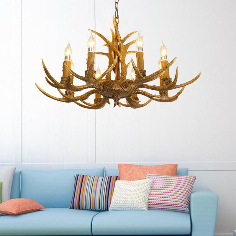 Rustic Brown Resin Chandelier With Deer Antler - 4/6/8 Heads Candle Pendant Light For Dining Room