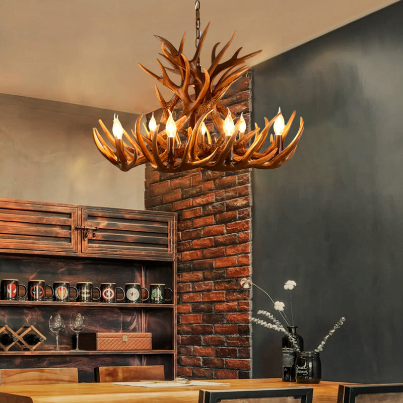 Brown Resin Candelabra Chandelier: 9-Head Pendant Ceiling Light For Rural Restaurants