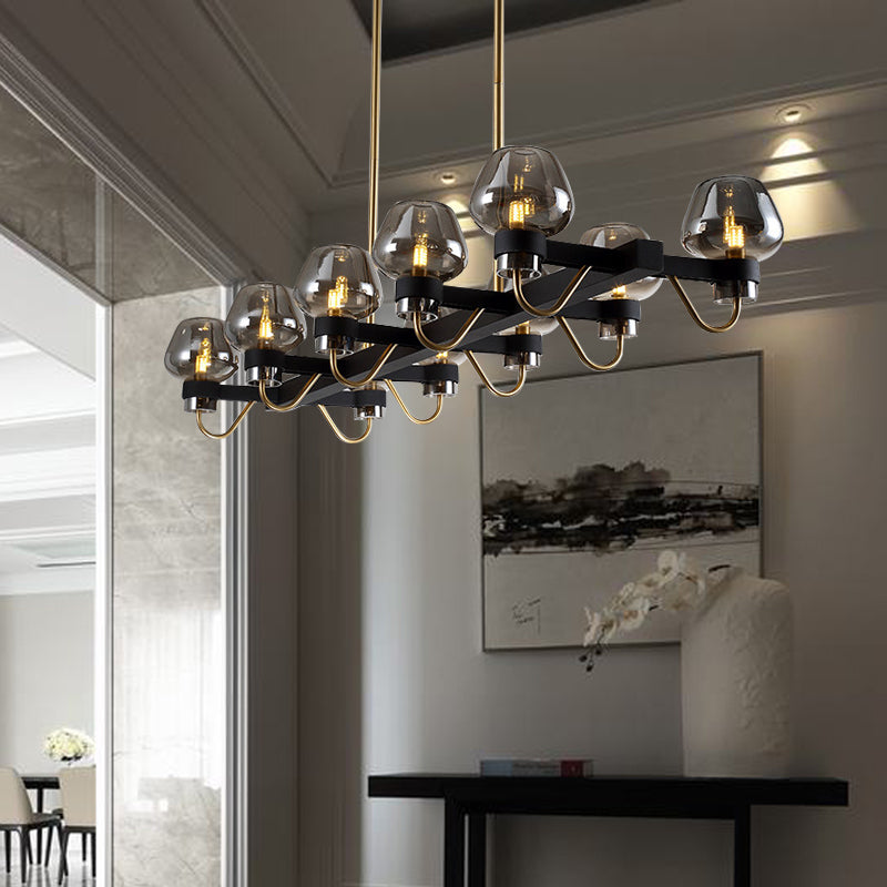 Contemporary Island Lamp: 10 Glass Bulbs In Clear/Amber/Smoke Suspended Fixture - Black/Brass For