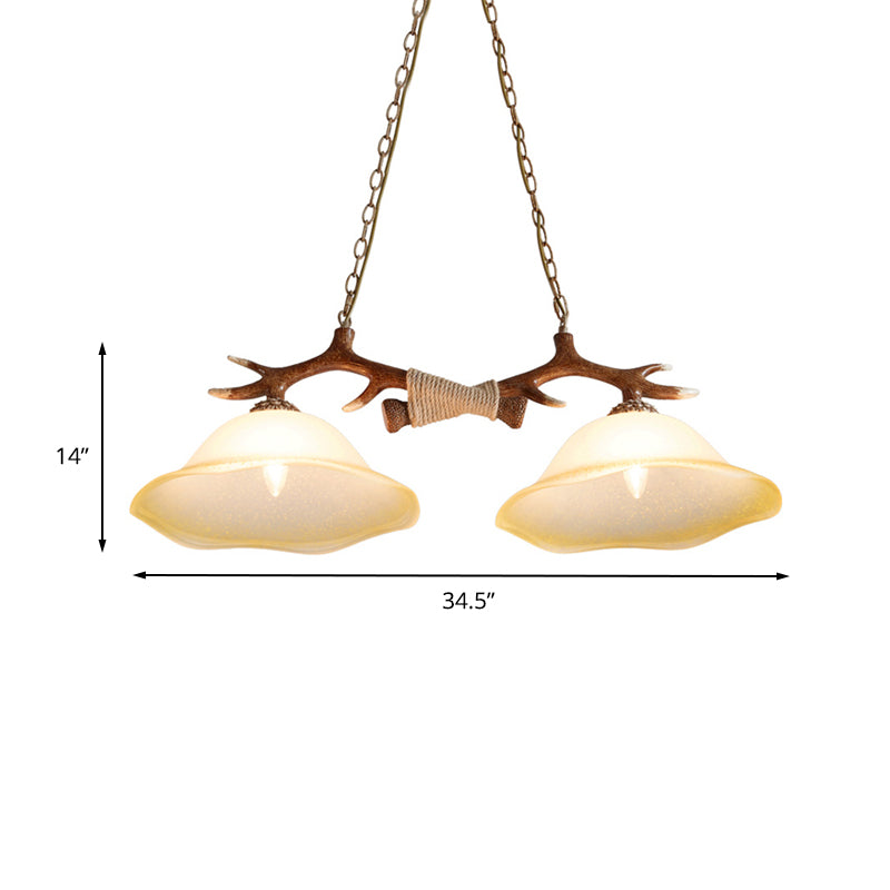 2-Light Traditional Bell Glass Island Pendant In Brown Perfect For Bedrooms