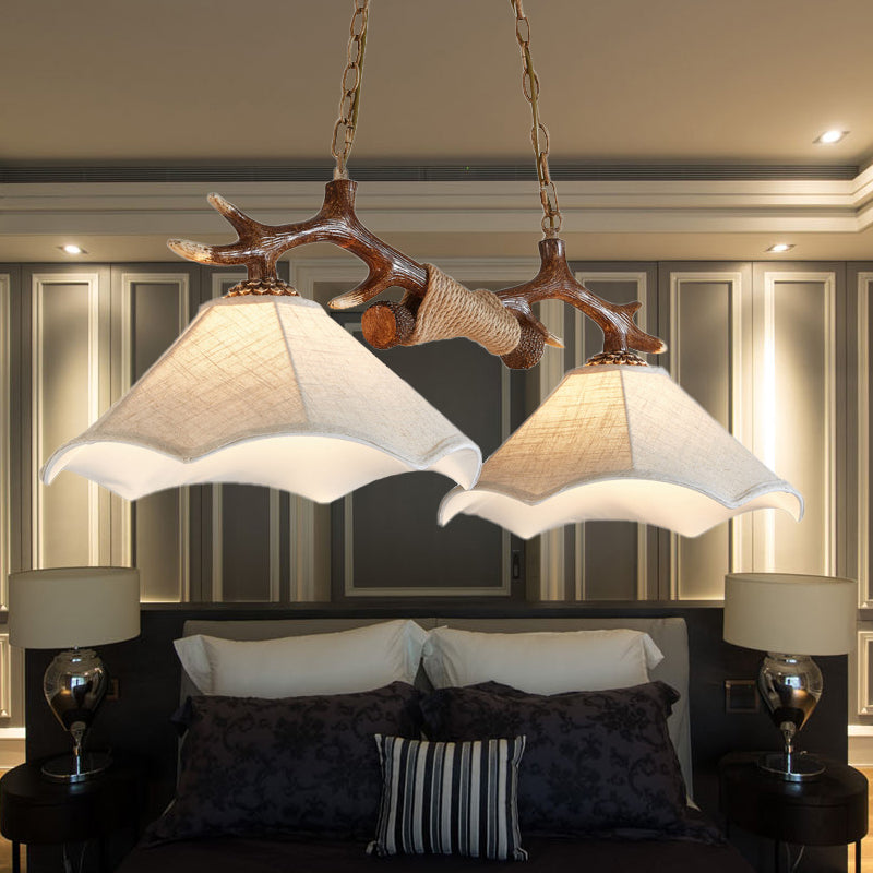 Traditional Bell Ceiling Lamp: 2-Bulb Bedroom Island Light Fixture With Antler Arm In Flaxen Fabric