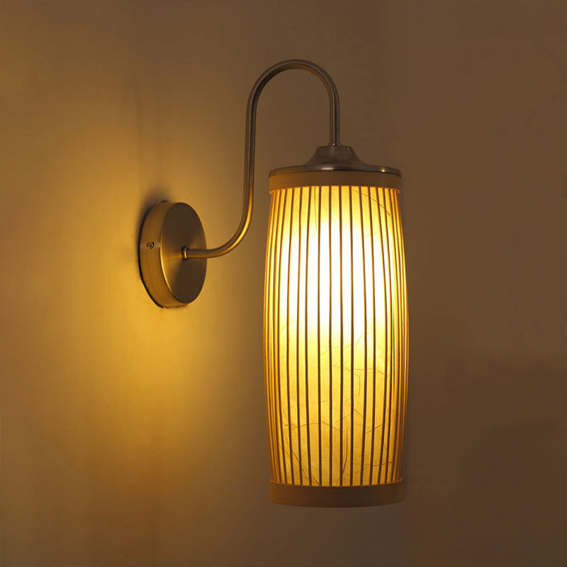 Asian Style Cylinder Bamboo And Metal Wall Lamp With Gooseneck Arm - 1 Bulb Beige Shade