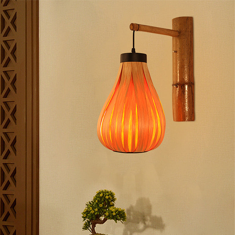 Modernist Yellow Teardrop Wall Sconce - 1 Light Wood Veneer Lamp For Foyer