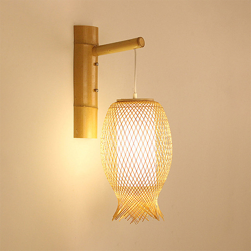Bamboo Wall Sconce With Asian Style And Beige Oblong Shade - Hand Woven 1-Bulb Lamp