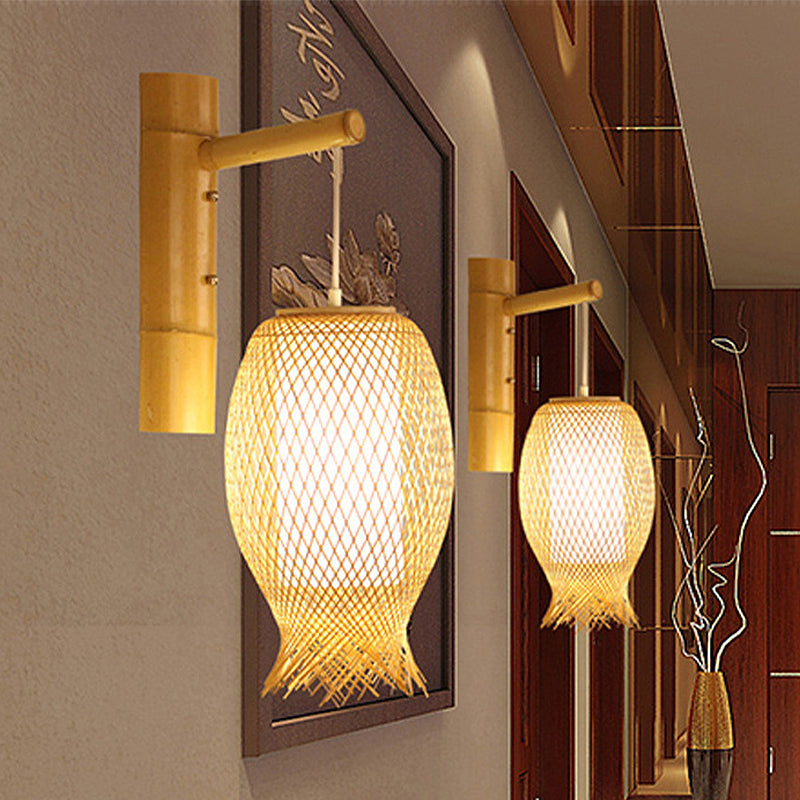 Bamboo Wall Sconce With Asian Style And Beige Oblong Shade - Hand Woven 1-Bulb Lamp