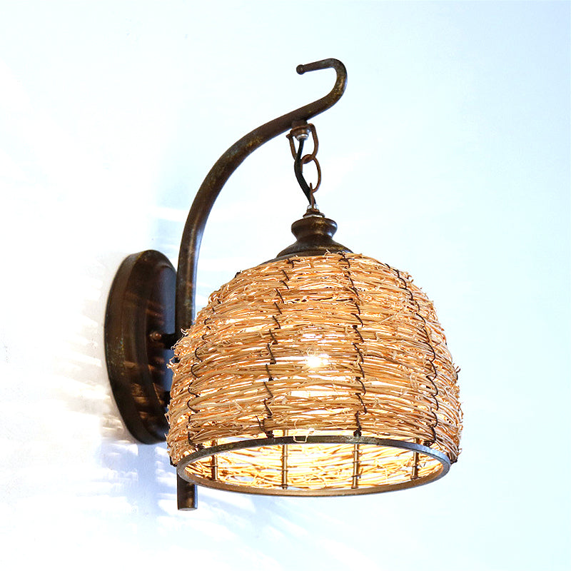 Handmade Asian Style Rattan Sconce With Dome Shade - 1 Light Bedroom Wall Lamp In Brown