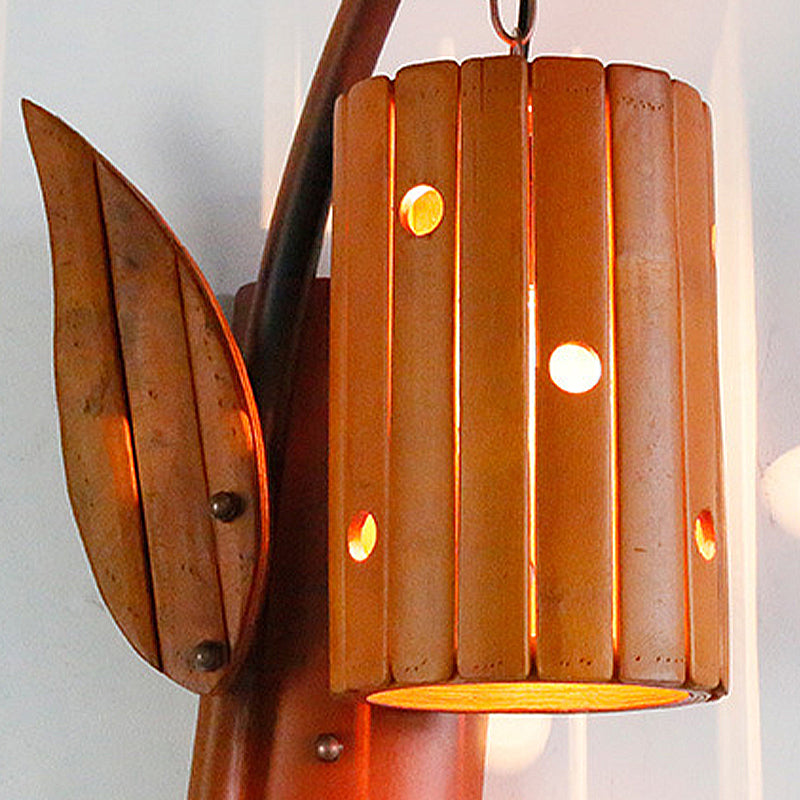 Brown Lodge Style Wall Lamp With Bamboo Shade And Leaf Decor - Perfect For Corridor