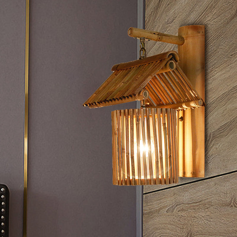 Wooden House Shaped Wall Light Sconce - Lodge Style Bamboo Lamp For Balcony Wood