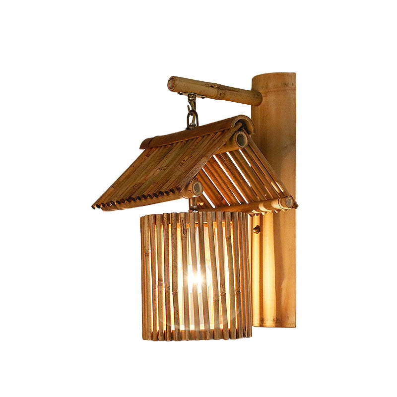 Wooden House Shaped Wall Light Sconce - Lodge Style Bamboo Lamp For Balcony