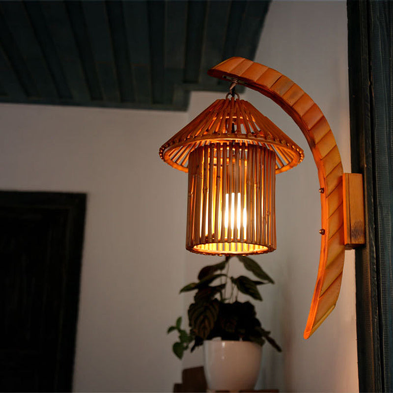 Bamboo Country House Wall Sconce With Arc Arm - Brown
