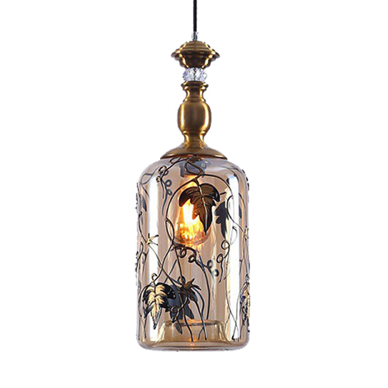 Amber Glass Living Room Pendant Lamp - Colonial Style Hanging Fixture