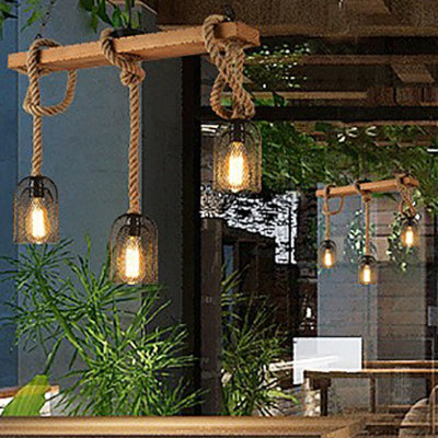 Industrial Metal Mesh Bell Pendant Light - Black With Hanging Rope & 3/5 Bulbs Restaurant Island