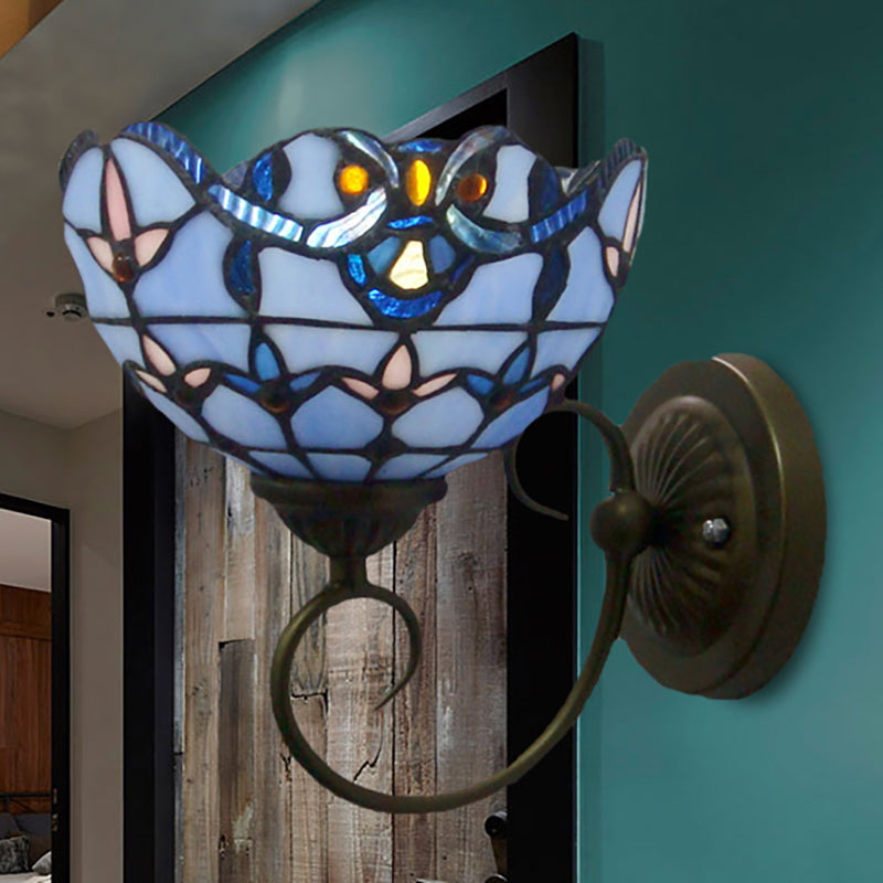 Bowl Wall Mount Light With Curved Arm - 1 Stained Glass Victorian Sconce In Brown/Blue Blue