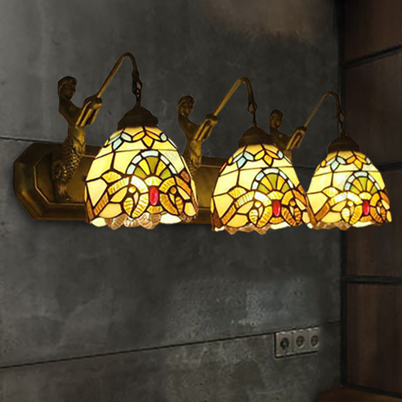 Mermaid/Arc Arm Baroque Style Stained Glass Wall Sconce Light Fixture With 3 Dome Lights - Brown /