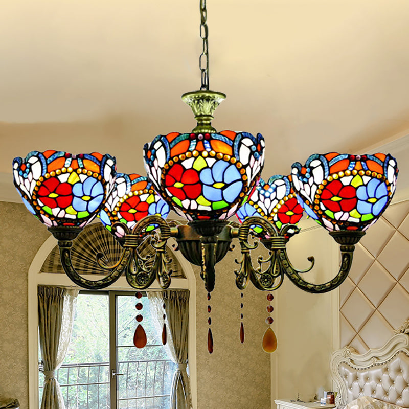 Adjustable Rustic Vintage Floral Chandelier with Stained Glass Hanging Light