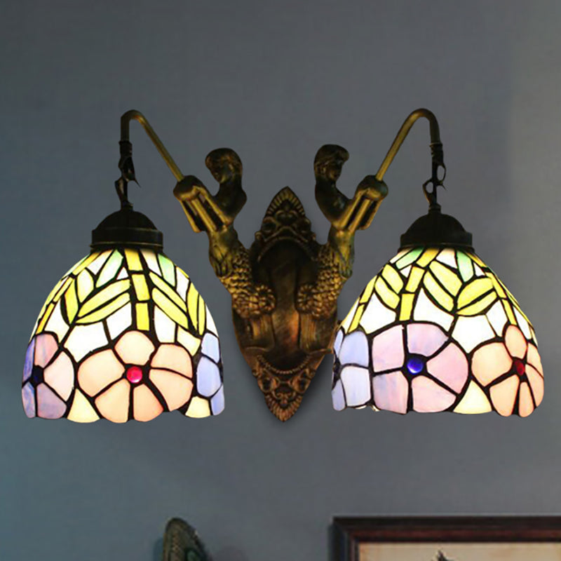 Tiffany Peony Sconce Light Fixture - Stained Glass Wall Mounted With 2 Brass Heads