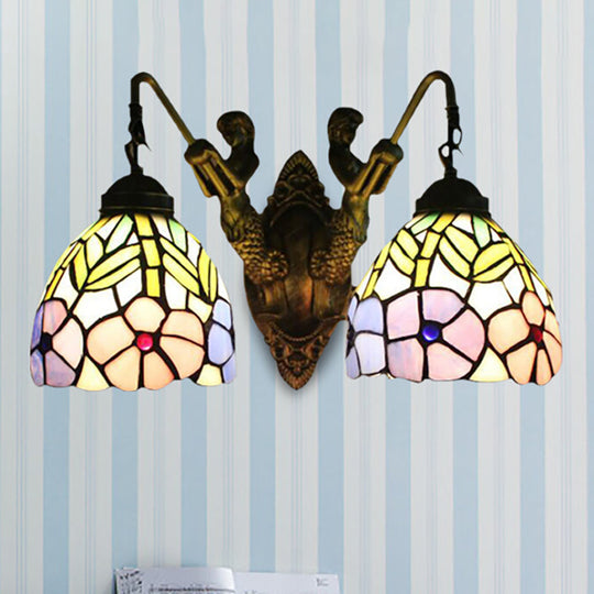 Tiffany Peony Sconce Light Fixture - Stained Glass Wall Mounted With 2 Brass Heads