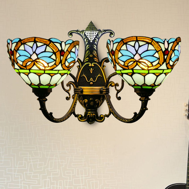 Victorian Style Stained Glass Wall Sconce - 2 Lights For Bedroom Lighting Antique Brass