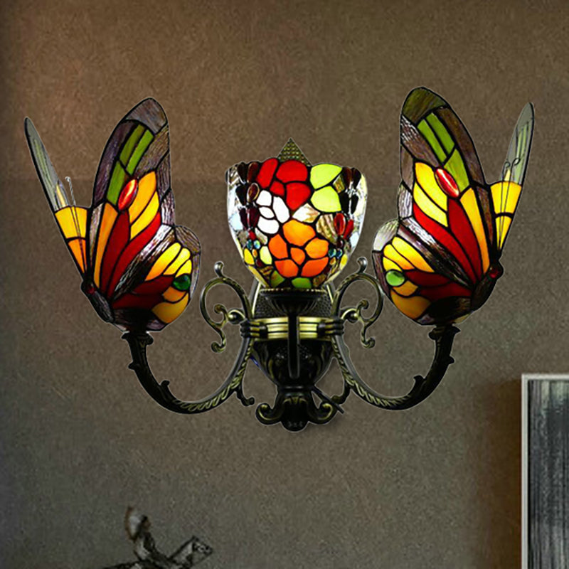 Tiffany Stained Glass Butterfly Wall Sconce With 3 Lights And Brass Finish For Porch Lighting