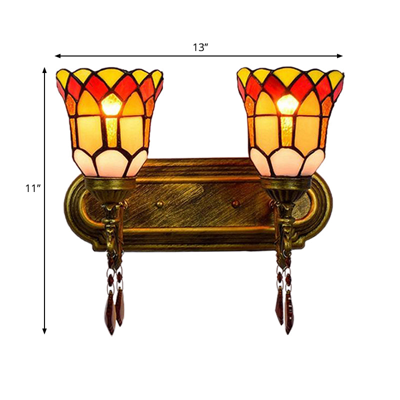 Stained Glass Bell Wall Sconce With Crystal Accents - Rustic Lodge Style In Brass (2 Lights)