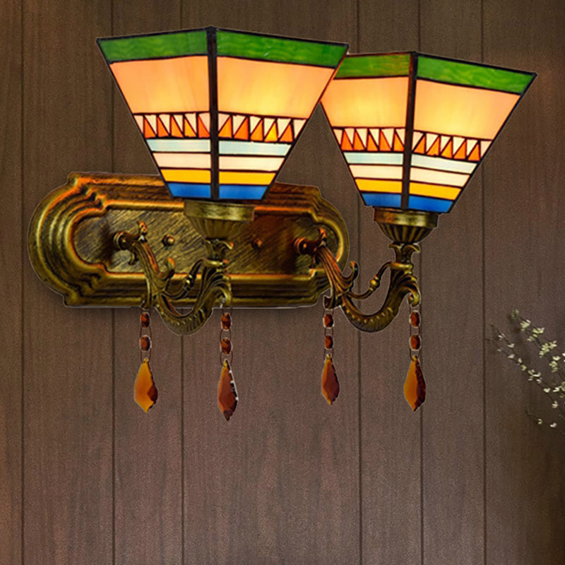 Stained Glass 2-Head Wall Sconce Light For Living Room Mission Pyramid Design Brass