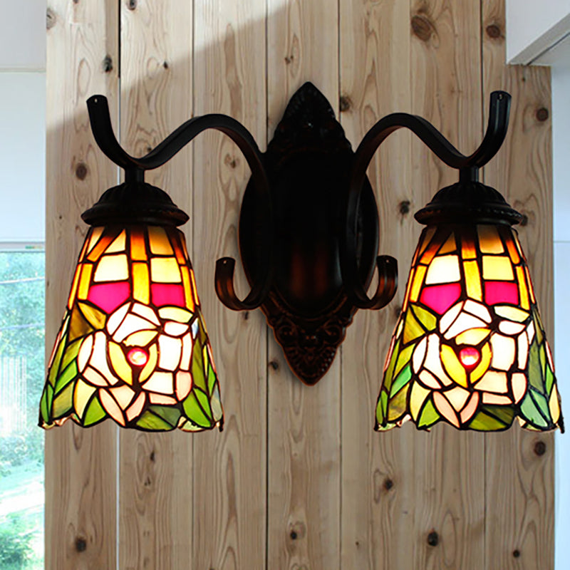 Victorian Style Floral Wall Mount Sconce Light Fixture With Stained Glass 2 Heads - Black