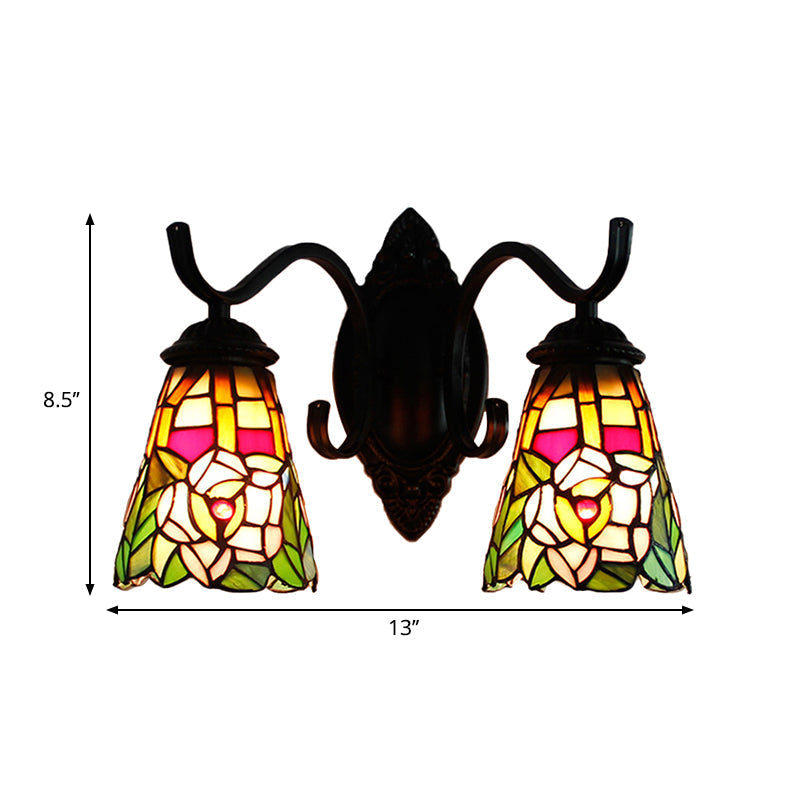 Victorian Style Floral Wall Mount Sconce Light Fixture With Stained Glass 2 Heads - Black