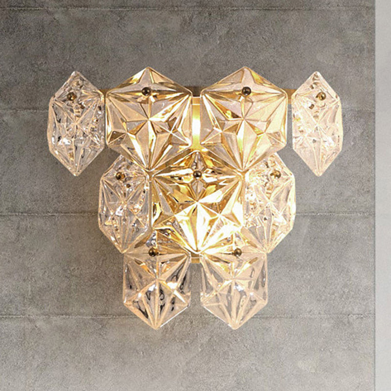 Modern Clear Crystal Hexagon Wall Light With Brass Finish - 2 Lights 8.5/12.5 Width Perfect For
