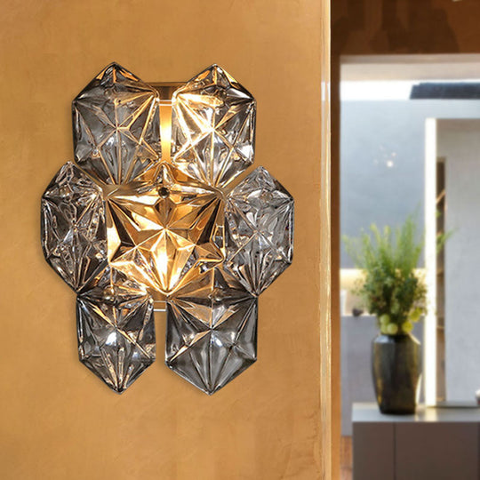 Modern Clear Crystal Hexagon Wall Light With Brass Finish - 2 Lights 8.5/12.5 Width Perfect For