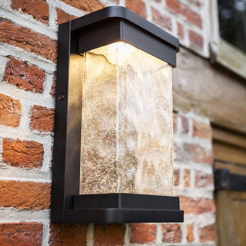 Modern Black Led Outdoor Wall Sconce With Rippled Glass In Rectangle Design