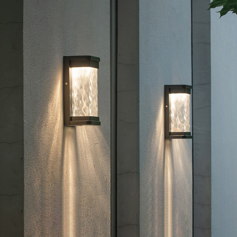 Modern Black Led Outdoor Wall Sconce With Rippled Glass In Rectangle Design