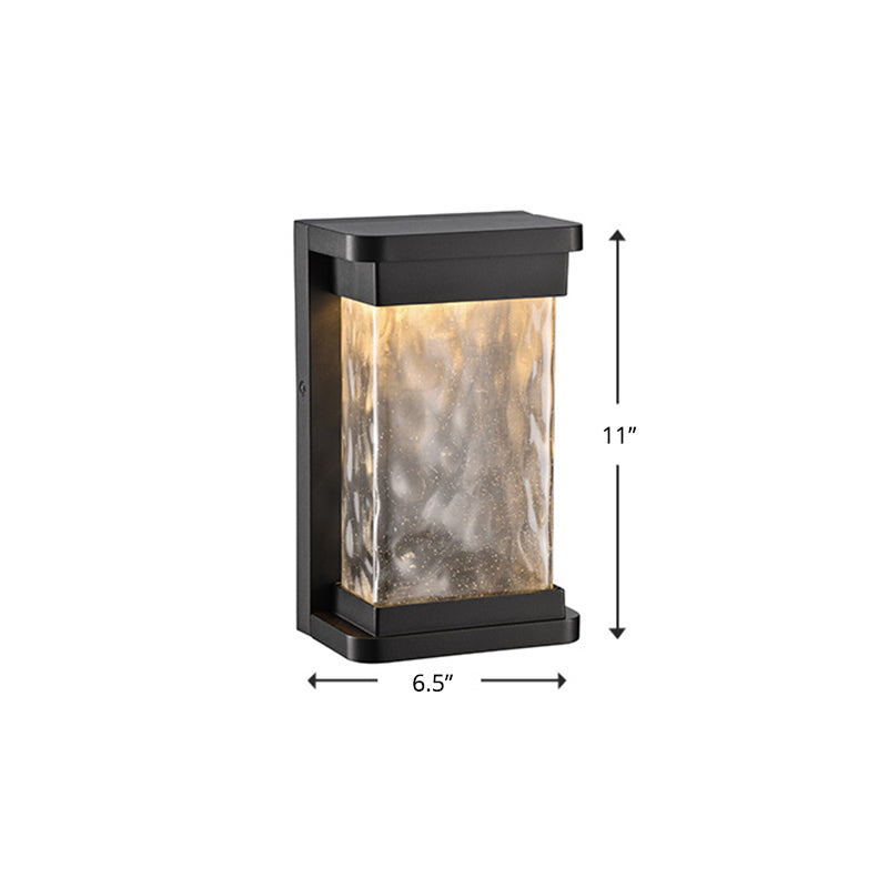 Modern Black Led Outdoor Wall Sconce With Rippled Glass In Rectangle Design / 6.5