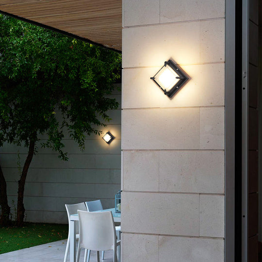 Contemporary Led Square Patio Wall Sconce Light In Black With Frosted Glass
