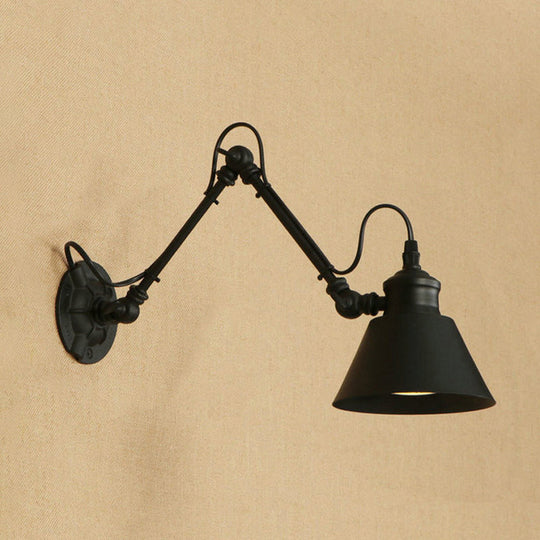 Swing Arm Retro Style Wall Lamp For Study Room - Conic Mount Fixture Black/Chrome Metal Design Black