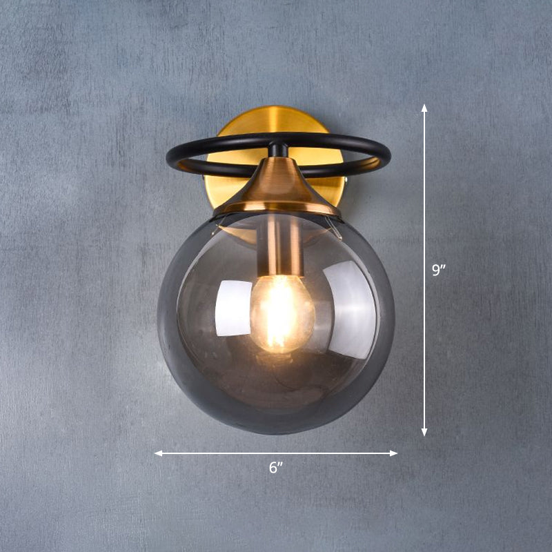 Postmodern Glass Ball Wall Sconce In Brass For Bedroom Smoke Gray