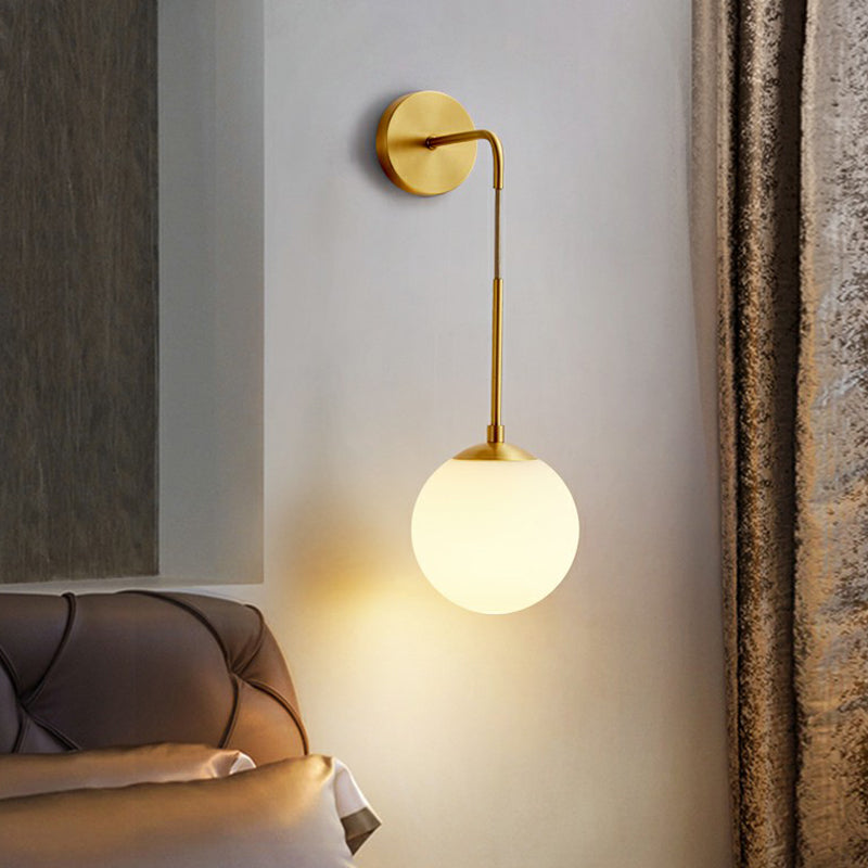 Simplicity White Glass Wall Sconce - Brass Finish Bedroom Light Fixture With 1 Bulb