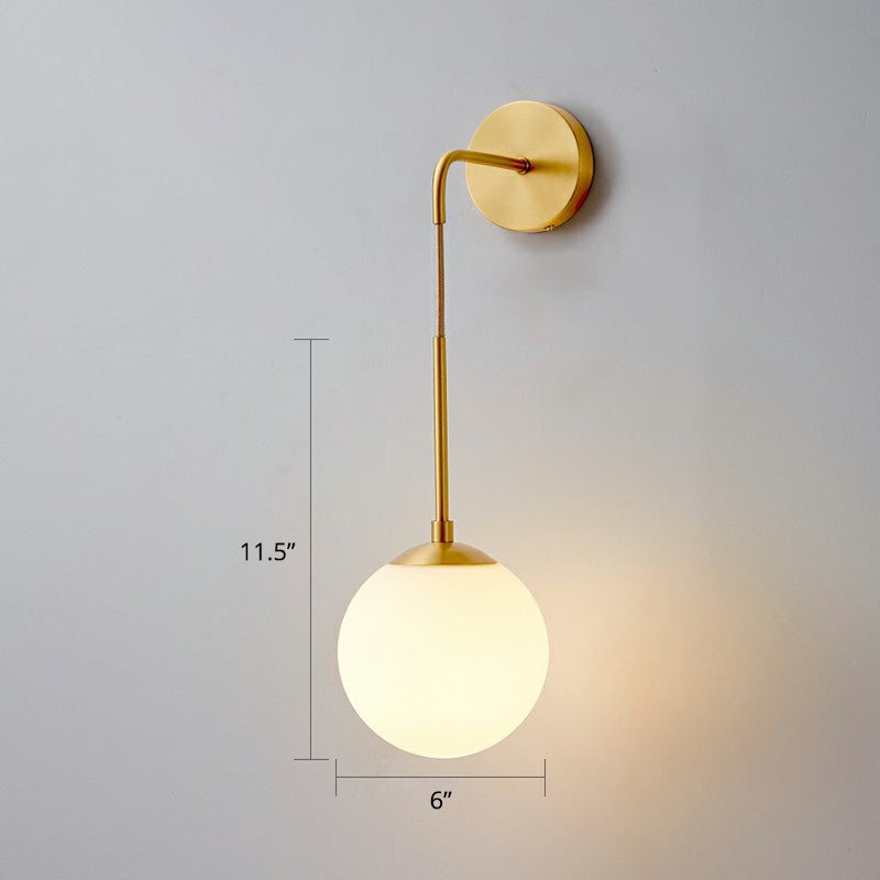 Simplicity White Glass Wall Sconce - Brass Finish Bedroom Light Fixture With 1 Bulb / 6