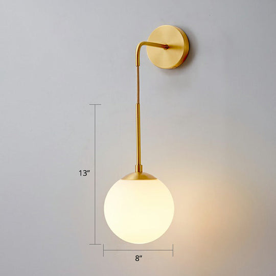 Simplicity White Glass Wall Sconce - Brass Finish Bedroom Light Fixture With 1 Bulb / 8