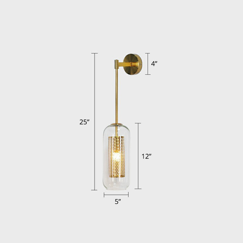 Modern Clear Glass Wall Sconce Light With Wire Mesh - 1 Head Stairway Fixture Gold