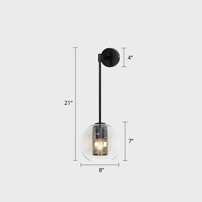 Modern Clear Glass Wall Sconce Light With Wire Mesh - 1 Head Stairway Fixture Black