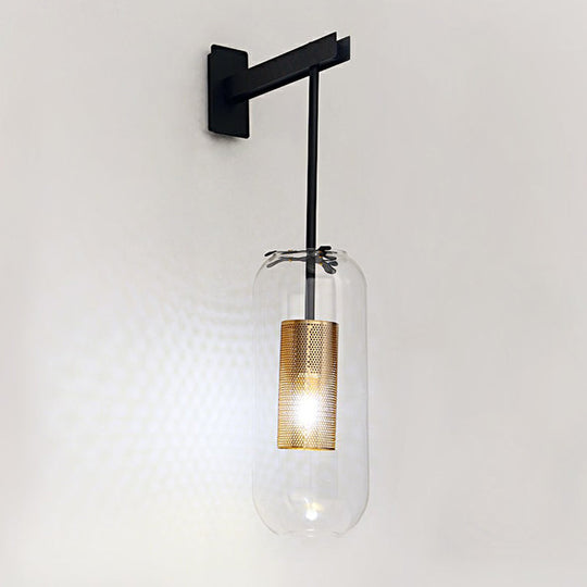 Clear Glass Pill Capsule Wall Sconce - Modern 1-Light Hanging Light With Mesh Cage