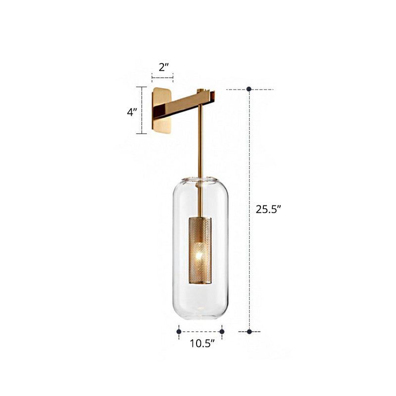 Clear Glass Pill Capsule Wall Sconce - Modern 1-Light Hanging Light With Mesh Cage Bronze