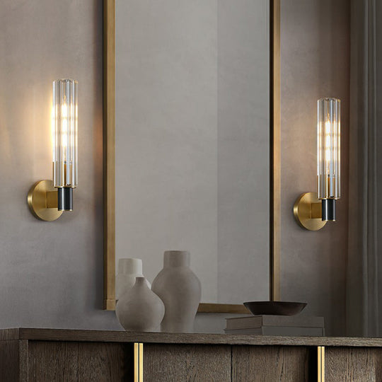 Minimalist Crystal Prism Tubular Wall Light Sconce - Brass Finish For Bedroom