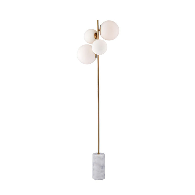 Postmodern 4-Head Floor Light With Brass Globe Stand Up Lamp And White Glass Shade - Ideal For