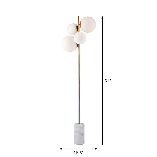 Postmodern 4-Head Floor Light With Brass Globe Stand Up Lamp And White Glass Shade - Ideal For
