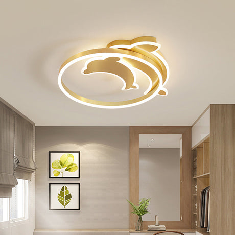 Gold Dolphin & Loop Led Ceiling Light For Kids With Acrylic Shade
