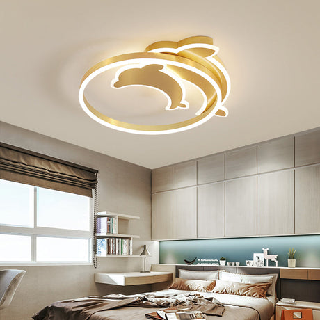 Gold Dolphin & Loop Led Ceiling Light For Kids With Acrylic Shade